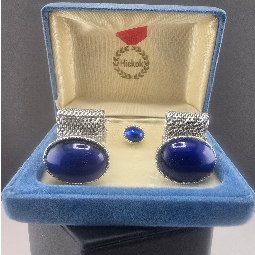 Vintage Hickok Cufflinks Tie Tack Set Blue Mesh Wrap Silver Tone Boxed